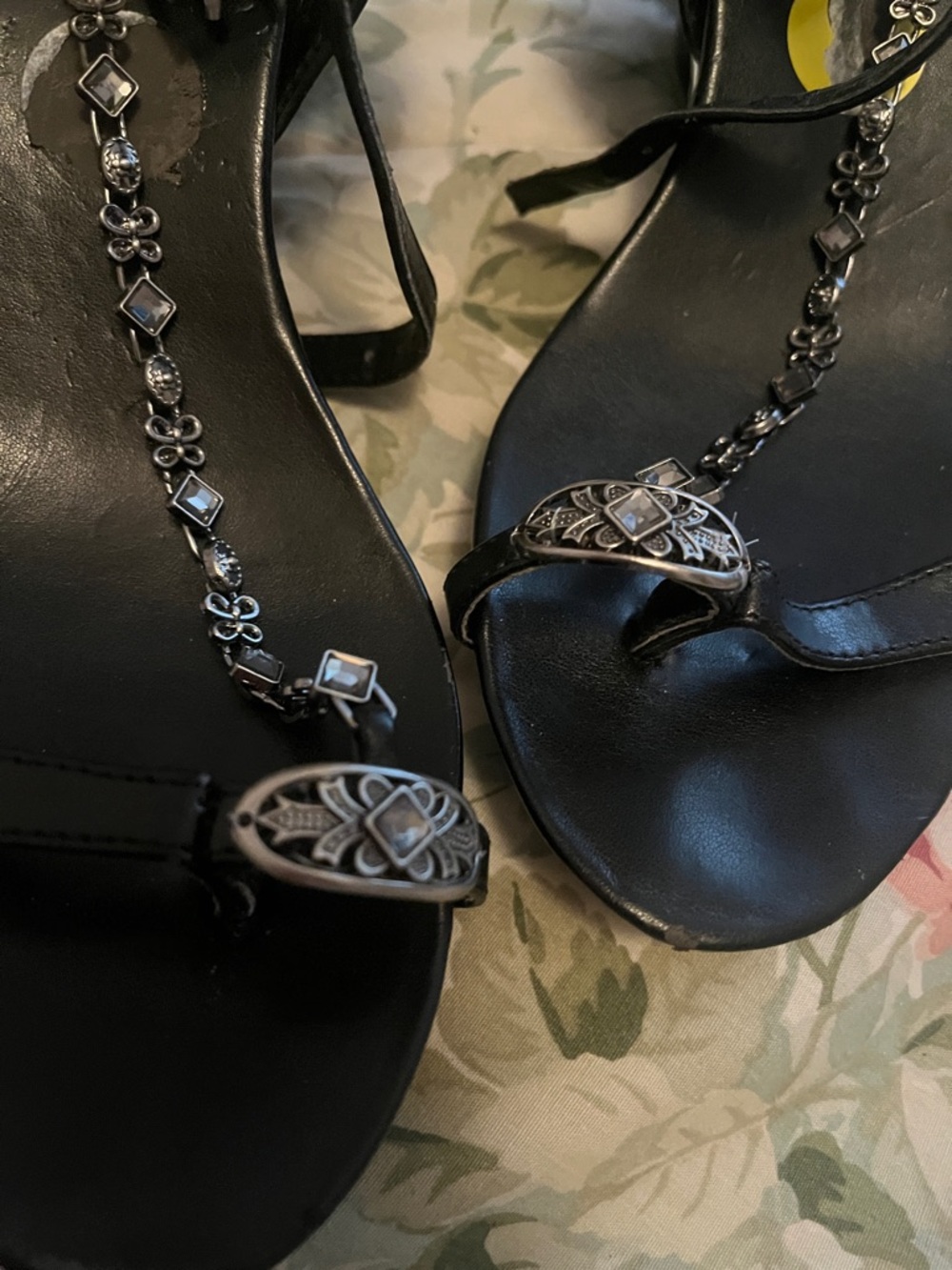 Women's Black Embellished T-Strap Sandals Silver Details y2k